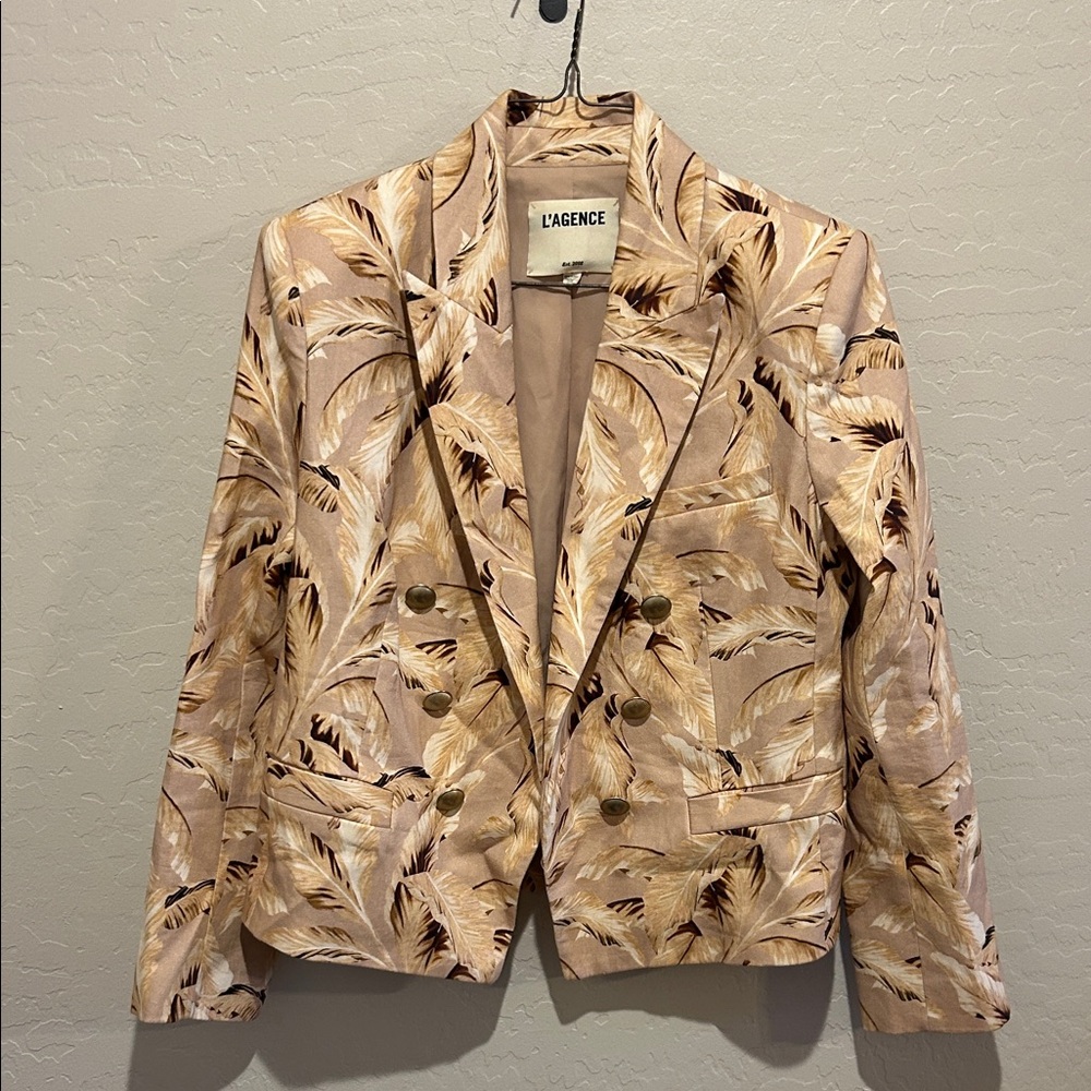 L'AGENCE Beige Leaf Pattern Blazer with Gold Accents